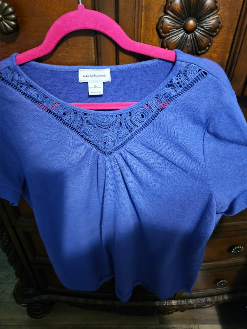 Liz Claiborne Purple Short-Sleeve Crochet Yoke Sweater XL